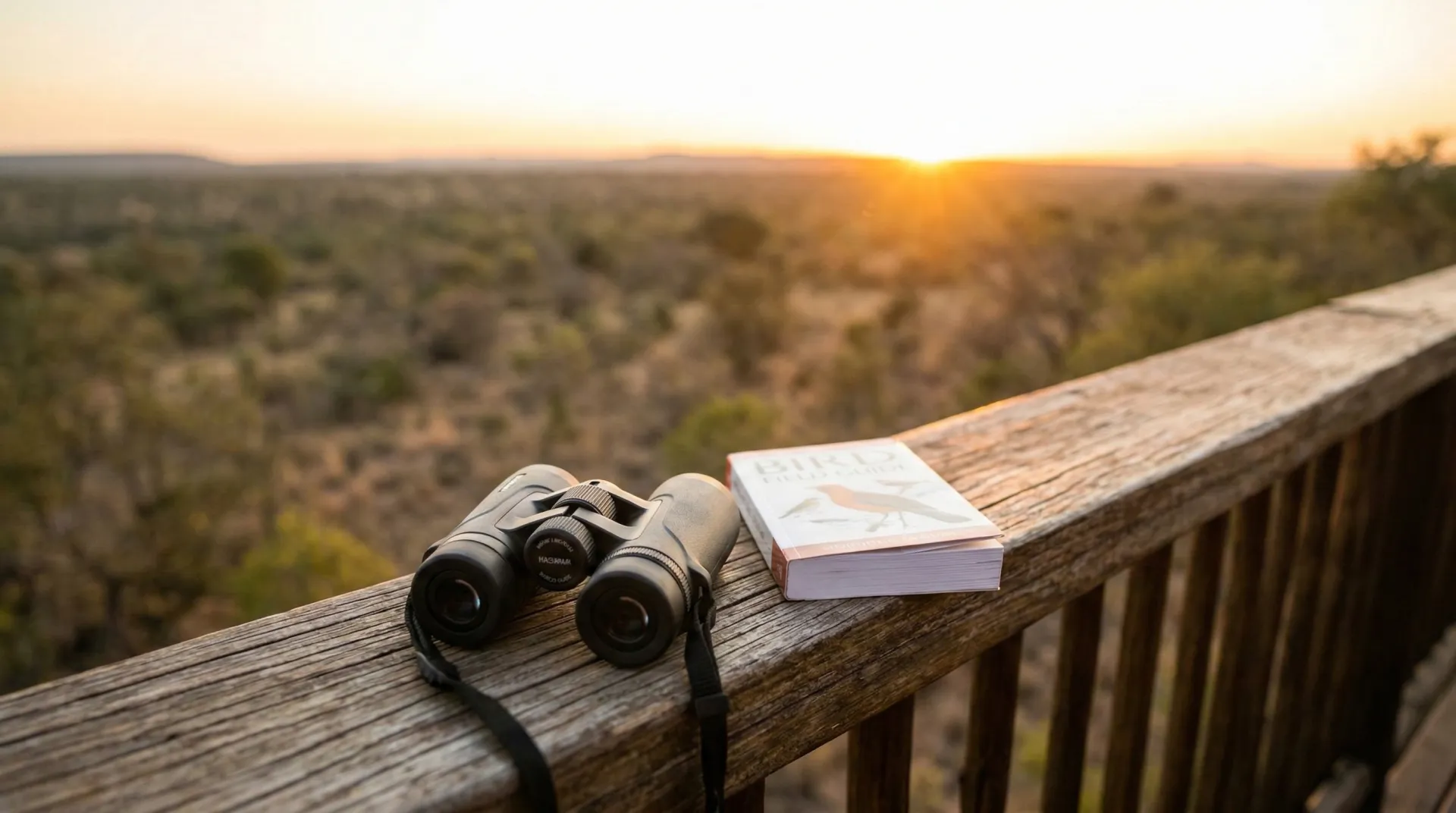 Binoculars and bird guide on a safari deck