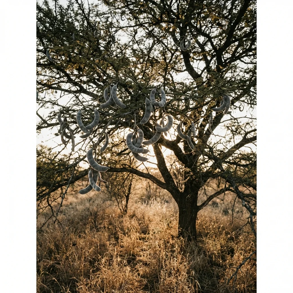 Camelthorn tree with grey seed pods in the Marico bushveld