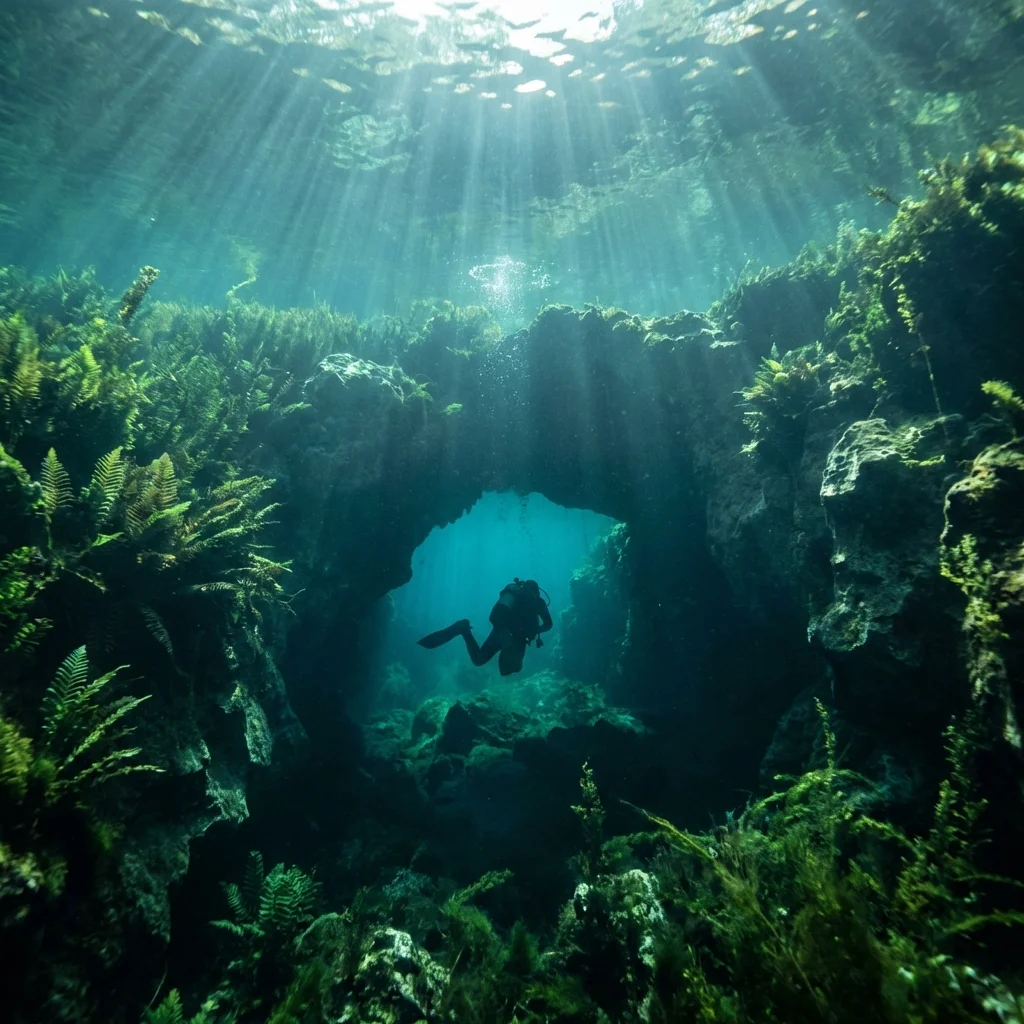 Scuba diver exploring the crystal clear dolomite cave of the Marico Eye