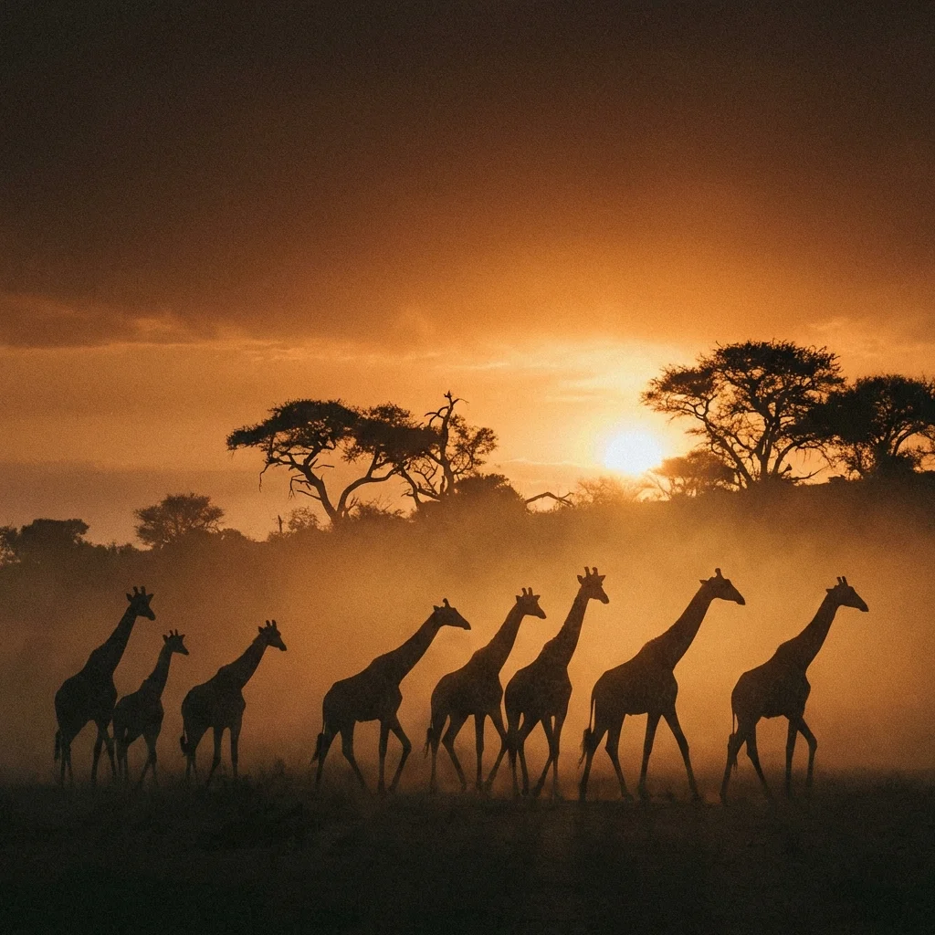 Tower of giraffes silhouetted at golden hour in the Groot Marico bushveld