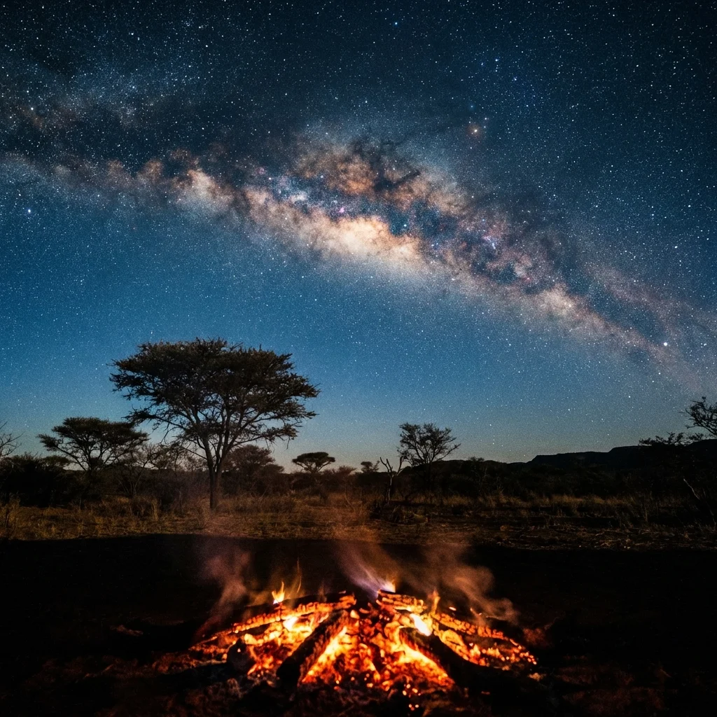 Campfire under the Milky Way in the Groot Marico bushveld