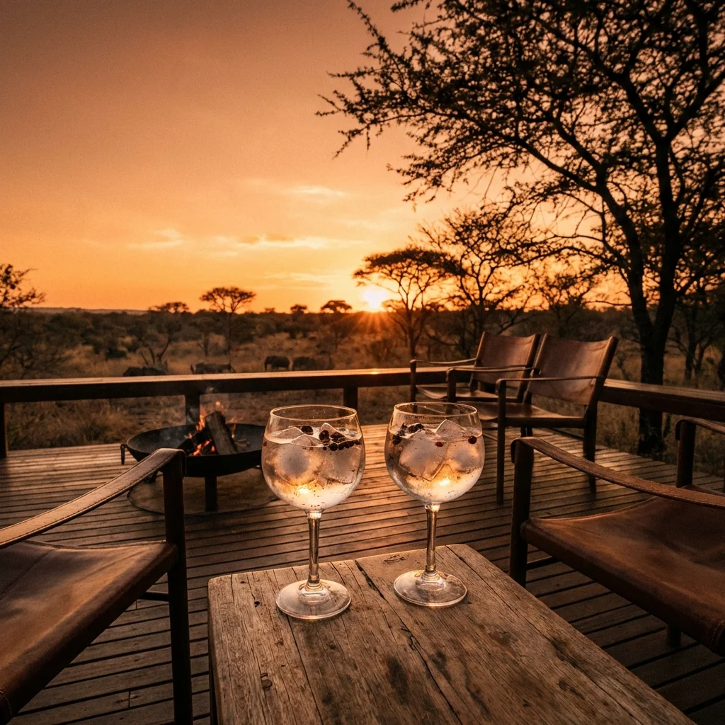 Gin and tonic cocktails on safari lodge deck at sunset with bushveld view