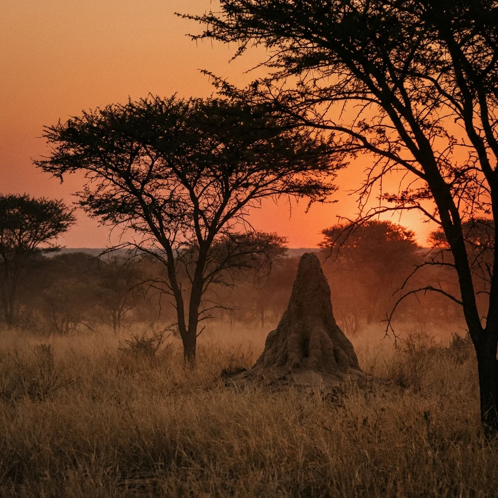 Thornveld landscape with termite mound at sunset